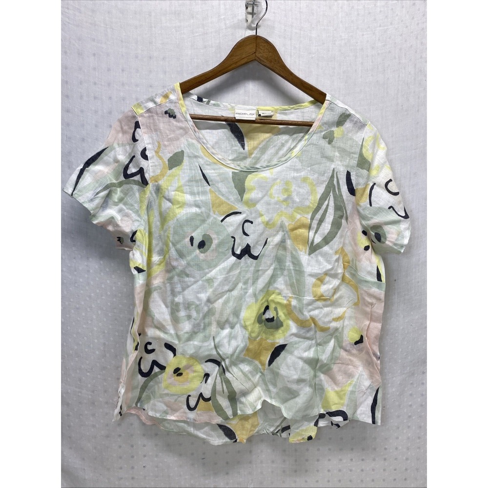 Rachel Zoe Shirt Womens 1X White Linen Floral Top Casual Party Beach Coastal